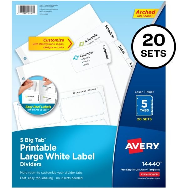 Avery Big Tab Printable Large Label Dividers, Easy Peel, White, 5 Tabs, Pack Of 20 Sets