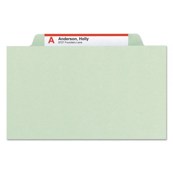 Smead Pressboard Classification Folders With Safeshield Coated Fasteners, 2/5 Cut, 3 Dividers, Legal Size, Gray-Green, 10/Box