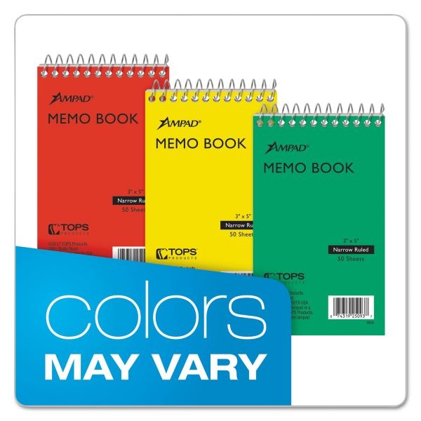 Ampad Memo Pads, Narrow Rule, Randomly Assorted Cover Colors, 50 White 3 X 5 Sheets