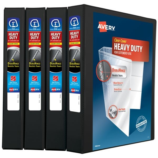 Avery Heavy-Duty View 3 Ring Binders, 1" One Touch Slant Rings, Black, Pack Of 4