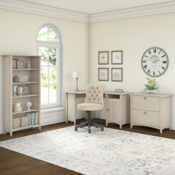 Bush Furniture Salinas 55W Corner Desk With Lateral File Cabinet And 5 Shelf Bookcase In Antique White