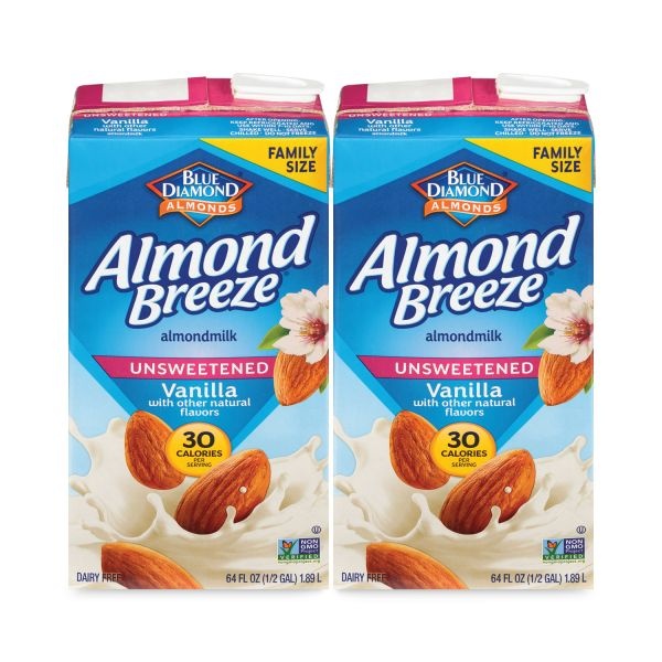 Blue Diamond Almond Breeze Almond Milk, Unsweetened Vanilla, 64 Oz Carton, 2/Pack, Ships In 13