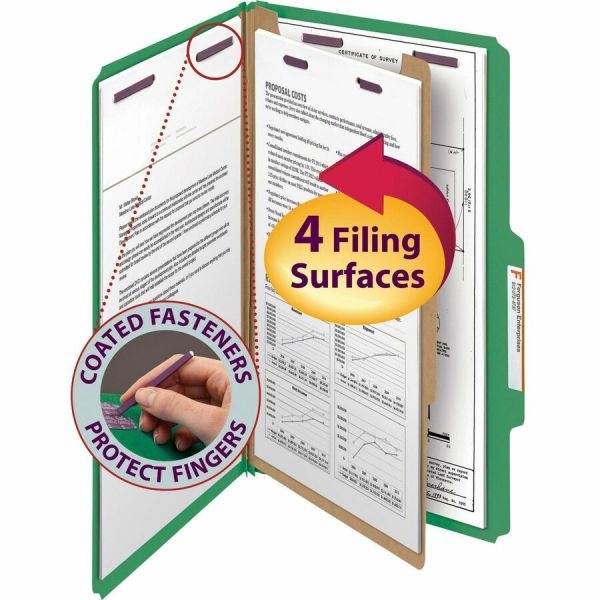 Smead Classification Folders, With Safeshield Coated Fasteners, 1 Divider, 2" Expansion, Legal Size, 50% Recycled, Green, Box Of 10