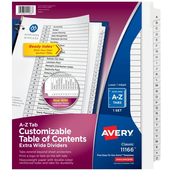 Avery Extra-Wide A-Z Tab With Customizable Table Of Contents Dividers For 3 Ring Binders, 9-1/4" X 11", 26 Tab, White, 1 Set