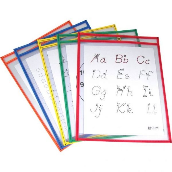 C-Line Reusable Dry Erase Pockets, 9 X 12, Assorted Primary Colors, 10/Pack