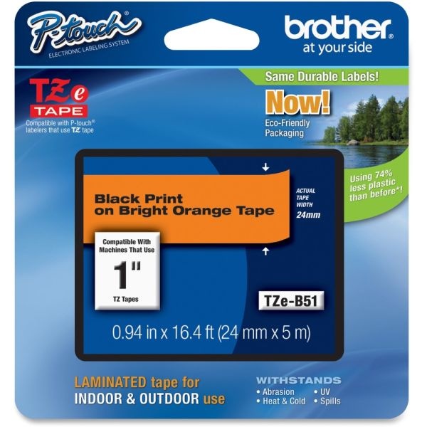 Brother P-Touch Tze 1" Laminated Lettering Tape - 15/16" Width - Direct Thermal - Fluorescent Orange - 1 Each - Water Resistant - Self-Adhesive, Abrasion Resistant, Chemical Resistant, Fade Resistant, Temperature Resistant, High Durable