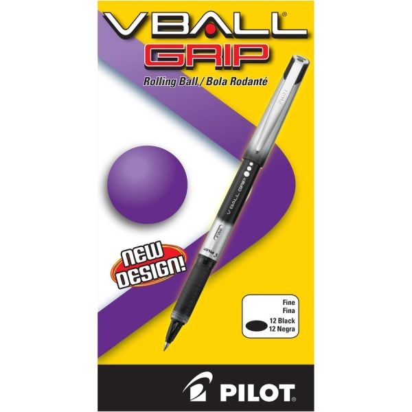 Pilot Vball Grip Liquid Ink Roller Ball Pen, Stick, Fine 0.7 Mm, Black Ink, Black/Silver Barrel, Dozen
