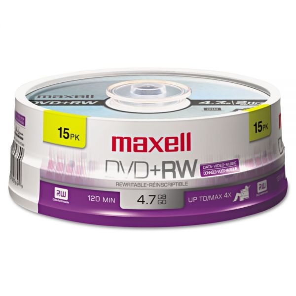Maxell Dvd+Rw Rewritable Disc, 4.7 Gb, 4X, Spindle, Silver, 15/Pack