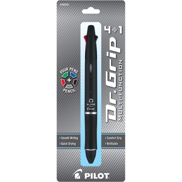 Pilot Dr. Grip 4+1 Multifunction Ballpoint Pen And Pencil, Fine Point, 0.7 Mm, Black Barrel, Assorted Color Ink