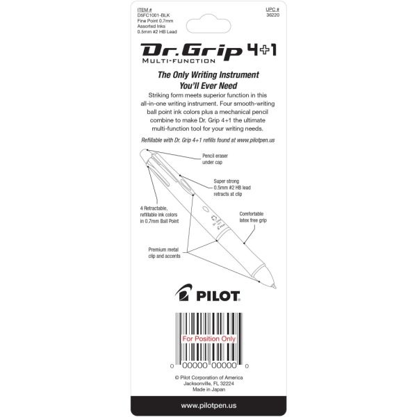 Pilot Dr. Grip 4+1 Multifunction Ballpoint Pen And Pencil, Fine Point, 0.7 Mm, Black Barrel, Assorted Color Ink