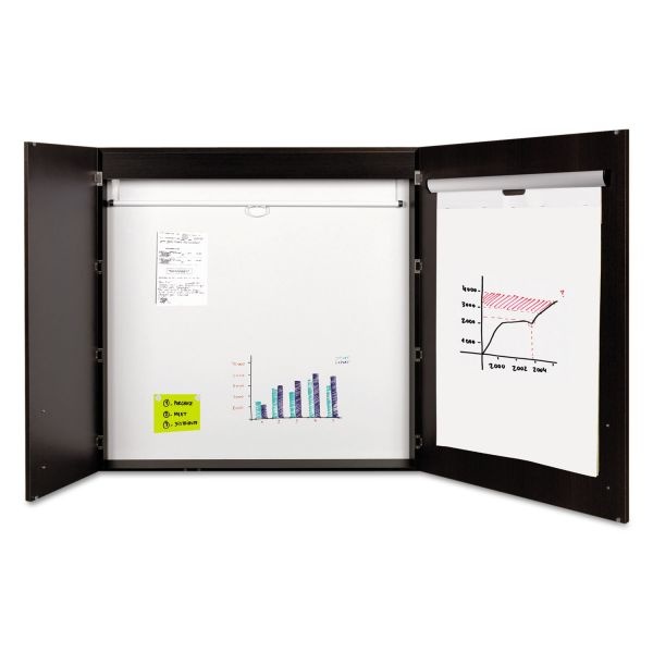 Mastervision Conference Cabinet, Porcelain Magnetic Dry Erase Board, 48 X 48, White Surface, Ebony Wood Frame