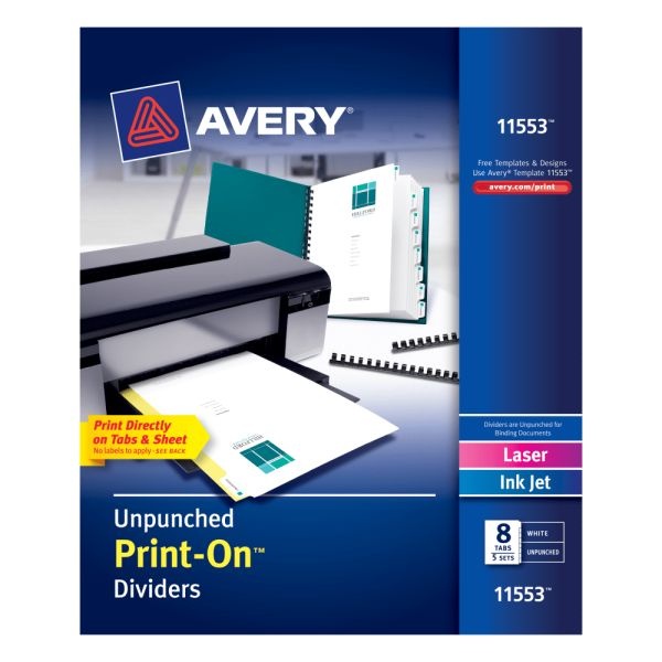 Avery Print-On Dividers, 8 1/2" X 11", Unpunched, 8-Tab, White Dividers/White Tabs, Pack Of 5 Sets