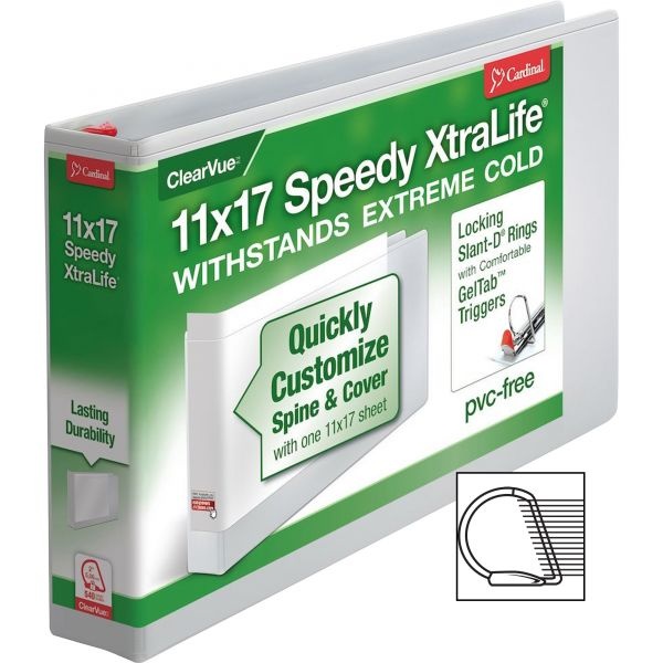 Cardinal Speedy Xtralife Non-Stick Locking Slant-D Ring Binder, 3 Rings, 2" Capacity, 11 X 17, White