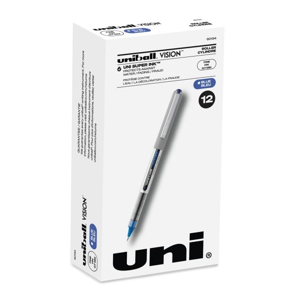 Uniball Vision Roller Ball Pen, Stick, Fine 0.7 Mm, Blue Ink, Silver/Blue/Clear Barrel, Dozen