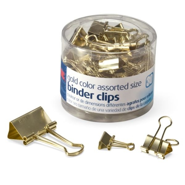 Oic Assorted Binder Clips, Assorted Sizes, Gold, Pack Of 30