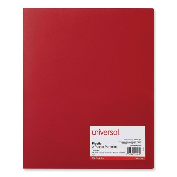 Universal Two-Pocket Plastic Folders, 100-Sheet Capacity, 11 X 8.5, Red, 10/Pack
