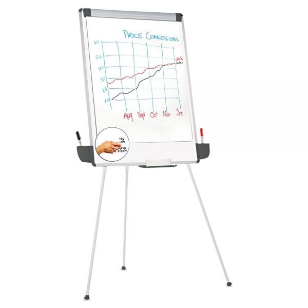 Universal Dry Erase Board With Tripod Easel And Adjustable Pen Cups, 29 X 41, White Surface, Silver Frame