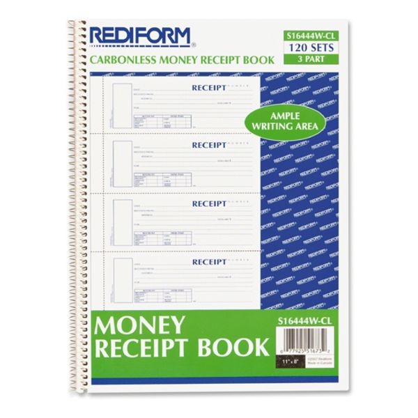 Rediform Spiralbound Unnumbered Money Receipt Book, Three-Part Carbonless, 7 X 2.75, 4/Page, 120 Forms