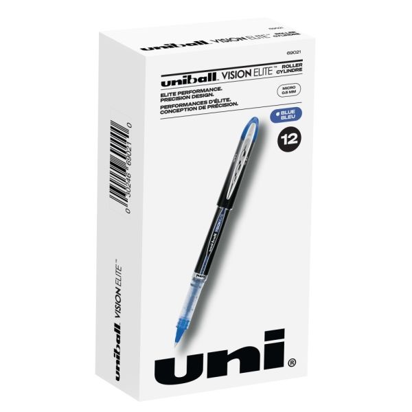 Uni-Ball Vision Elite Rollerball Pens, Ultra-Fine Point, 0.5 Mm, Black Barrel, Blue Ink, Pack Of 12 Pens