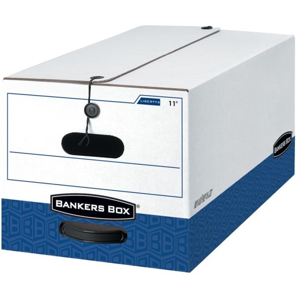 Bankers Box Liberty Fastfold Heavy-Duty Storage Boxes With Locking Lift-Off Lids And Built-In Handles, Letter Size, White/Blue, 60% Recycled, 24“ X 15" X 10", Case Of 4