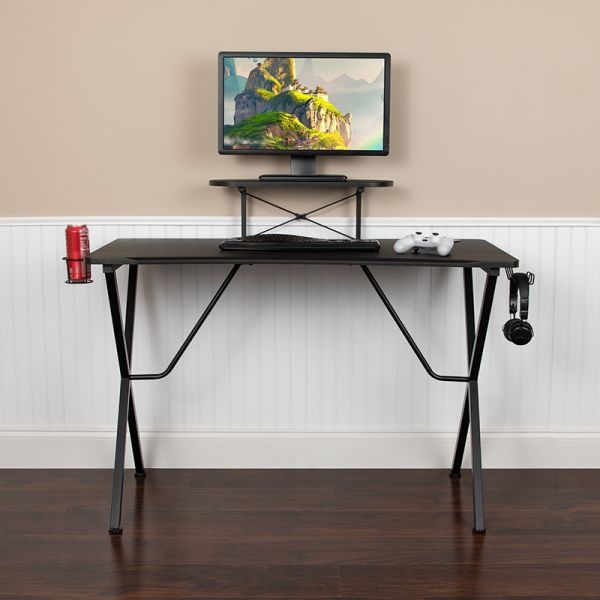 Mallot Black Gaming Desk With Cup Holder, Headphone Hook, And Monitor/Smartphone Stand