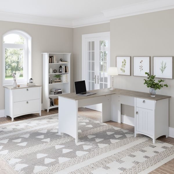 Bush Furniture Salinas 60W L Shaped Desk With Lateral File Cabinet And 5 Shelf Bookcase In Pure White And Shiplap Gray