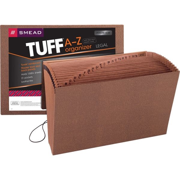 Smead Tuff Expanding File With Flap & Elastic Cord, 21 Pockets, A-Z, 15" X 10" Legal Size, 30% Recycled, Brown