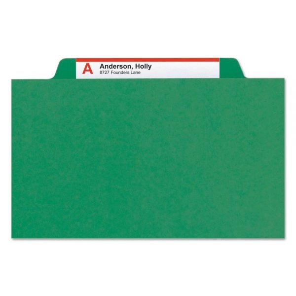 Smead Eight-Section Pressboard Top Tab Classification Folders, Eight Safeshield Fasteners, 3 Dividers, Legal Size, Green, 10/Box