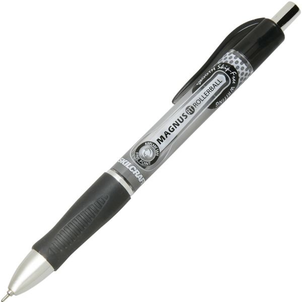 Skilcraft Magnus Retractable Rollerball Pens, Needle Point, 0.7 Mm, Black Barrel, Black Ink, Pack Of 12