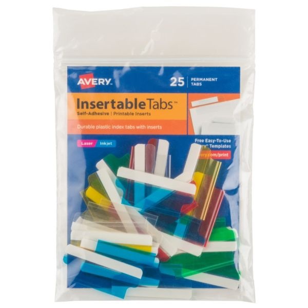 Avery Insertable Self-Adhesive Index Tabs With Printable Inserts, 1-1/2", Assorted (Blue, Clear, Green, Red, Yellow), Pack Of 25