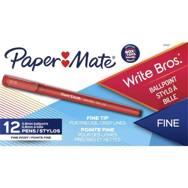 Paper Mate Write Bros. Ballpoint Pen, Stick, Fine 0.8 Mm, Red Ink, Red Barrel, Dozen