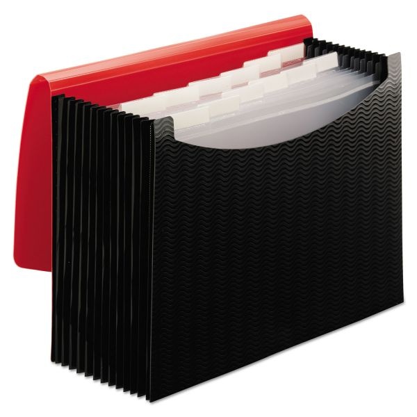 Smead 12-Pocket Poly Expanding File, 0.88" Expansion, 12 Sections, Cord/Hook Closure, 1/6-Cut Tabs, Letter Size, Black/Red