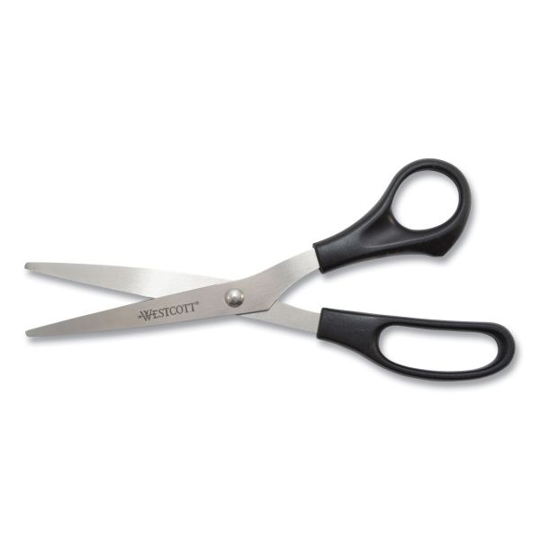 Westcott All Purpose Stainless Steel Scissors, 8" Long, 3.5" Cut Length, Black Straight Handle