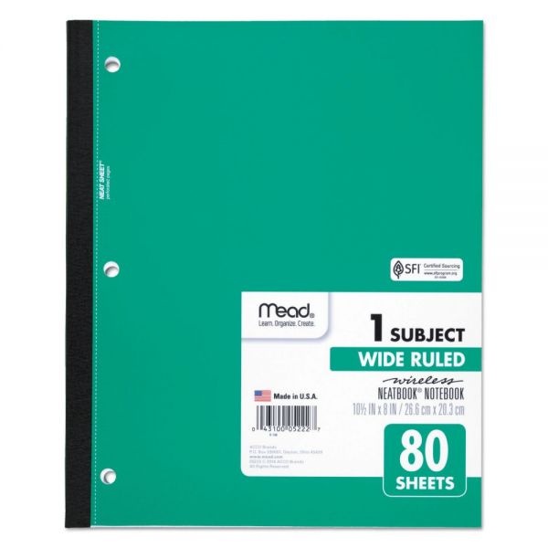 Mead Wireless Neatbook Notebook, 1 Subject, Wide/Legal Rule, Randomly Assorted Covers, 10.5 X 8, 80 Sheets