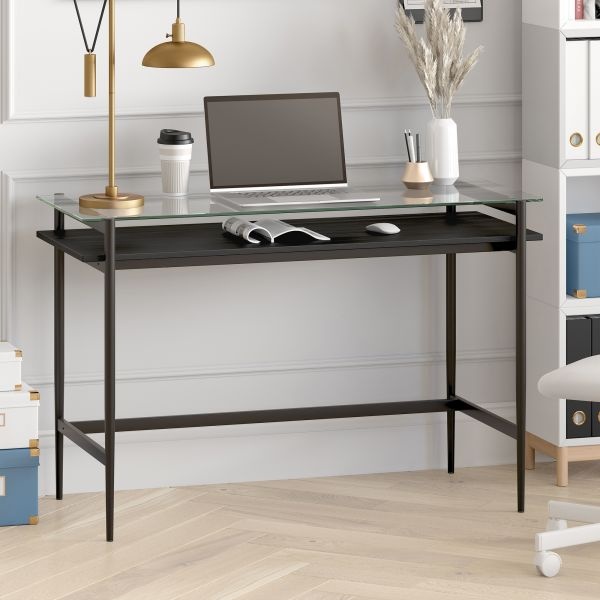 Eaton Rectangular 46" Wide Desk With Mdf Shelf In Blackened Bronze/Black Grain
