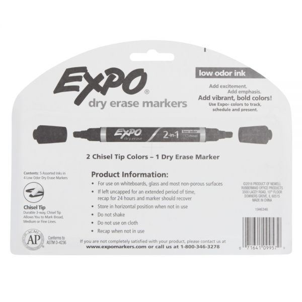 Expo 2-In-1 Dry Erase Markers, Fine/Broad Chisel Tips, Assorted Primary Colors, 4/Pack