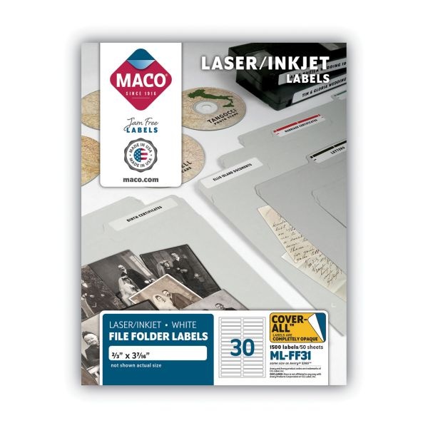 Maco Cover-All Opaque File Folder Labels, Inkjet/Laser Printers, 0.66 X 3.44, White, 30 Labels/Sheet, 50 Sheets/Box