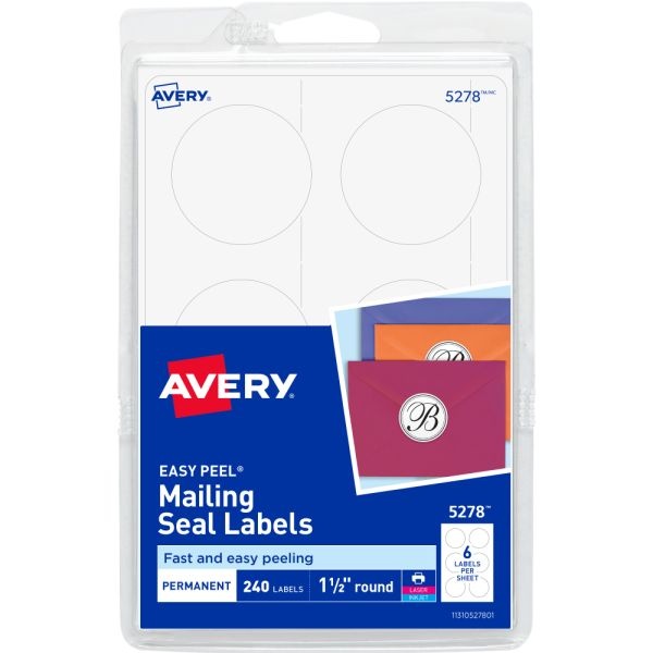 Avery Permanent Mailing Seals, 5278, Round, 1-1/2" Diameter, Pack Of 240