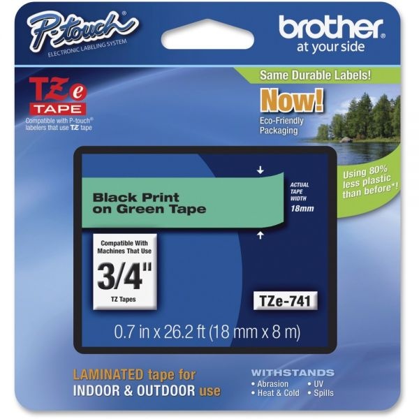 Brother Tze-741 Black-On-Green Tape, 0.75" X 26.2'