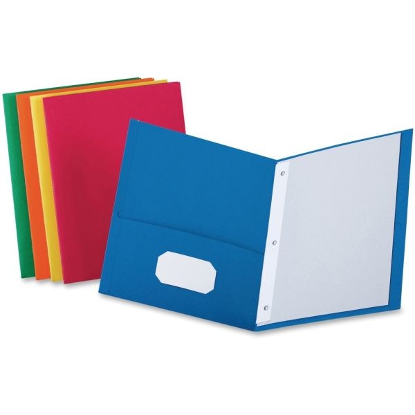 Oxford Twin Pocket 3-Hole Fastener Folders - Letter - 8 1/2" X 11" Sheet Size - 3 Fastener(S) - 1/2" Fastener Capacity For Folder - 2 Inside Front & Back Pocket(S) - Leatherette Paper - Blue, Green, Yellow, Orange, Red - 25 / Box