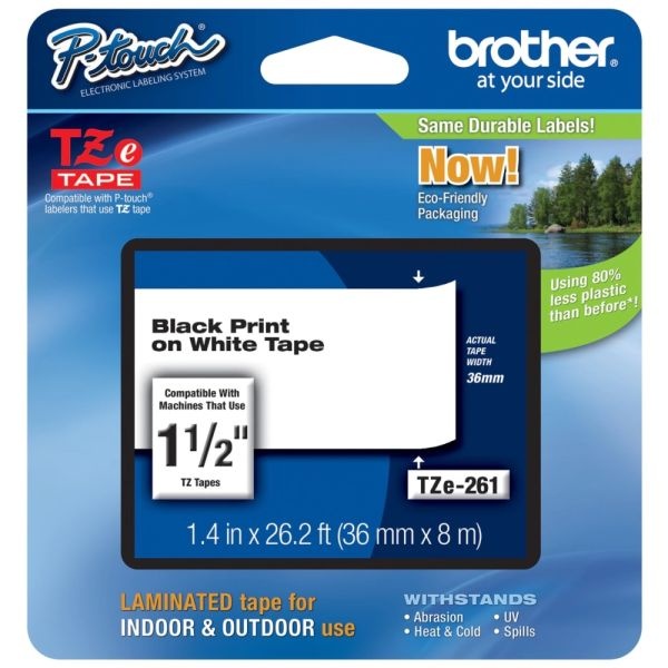 Brother Tze-261 Black-On-White Security Tape, 1.5" X 26'
