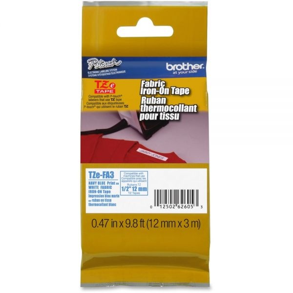 Brother P-Touch Tz Industrial Series Fabric Iron-On Tape, 0.47" X 9.8 Ft, Navy On White