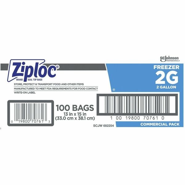 Ziploc Double Zipper Freezer Bags, 2 Gal, 2.7 Mil, 13" X 15.5", Clear, 100/Carton