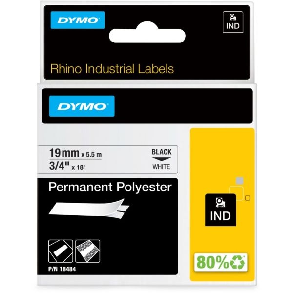 Dymo Rhino 18484 Polyester Industrial Black-On-White Label Tape, 0.75" X 18'
