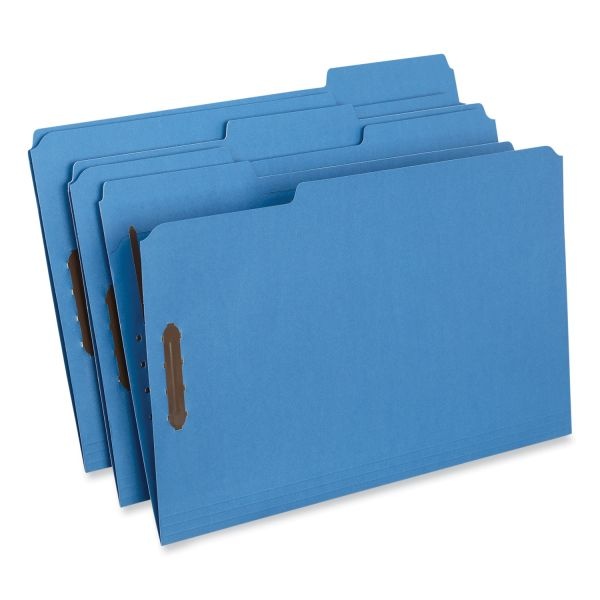 Universal Deluxe Reinforced Top Tab Fastener Folders, 0.75" Expansion, 2 Fasteners, Legal Size, Blue Exterior, 50/Box