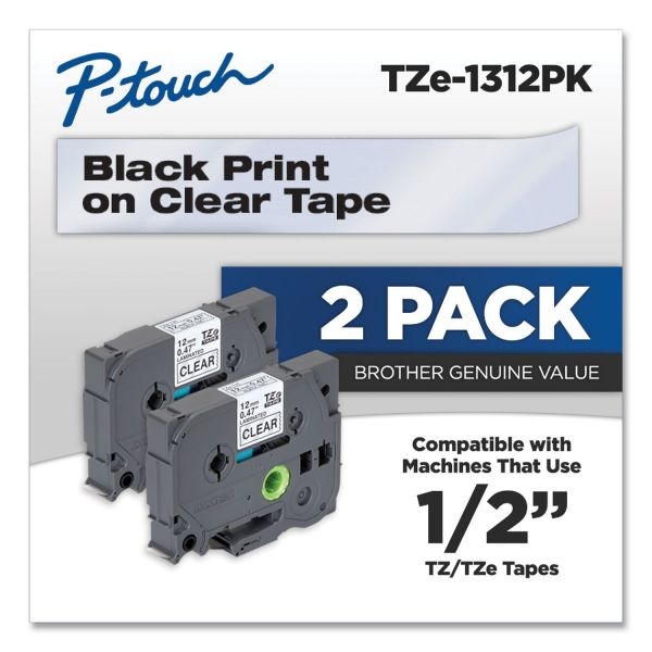 Brother Tze-1312-Pk Black-On-Clear Tapes, 0.5" X 26.2', Pack Of 2
