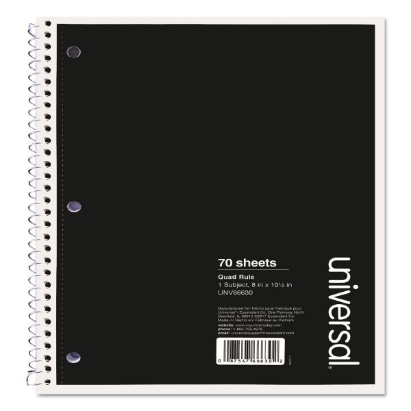 Universal Wirebound Notebook, 1 Subject, Quadrille Rule, Black Cover, 10.5 X 8, 70 Sheets