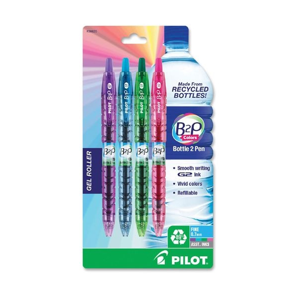 Pilot B2p Bottle-2-Pen Recycled Gel Pen, Retractable, Fine 0.7 Mm, Assorted Ink And Barrel Colors, 4/Pack