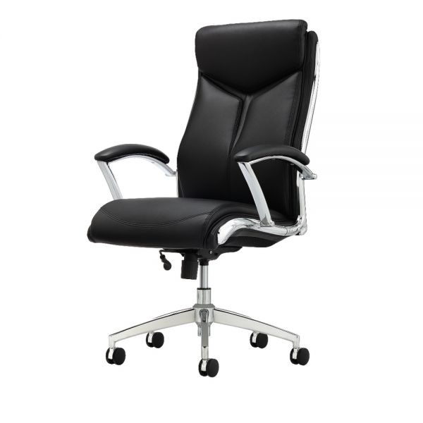 Realspace Modern Comfort Verismo Bonded Leather High-Back Executive Chair, Black/Chrome