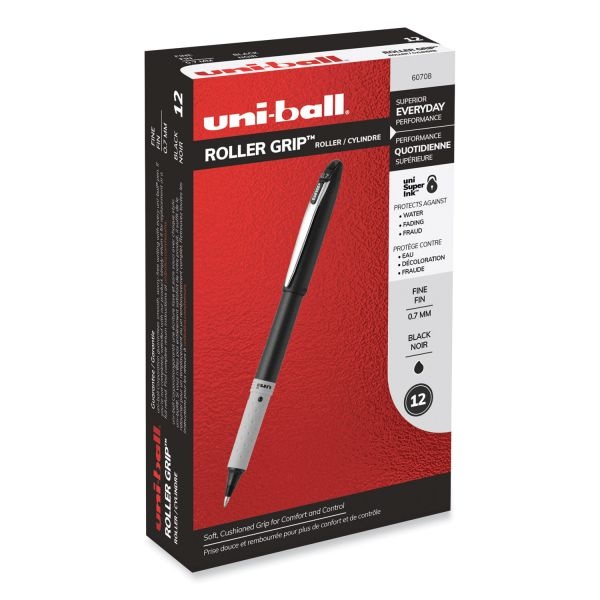 Uniball Grip Roller Ball Pen, Stick, Fine 0.7 Mm, Black Ink, Black Barrel, Dozen